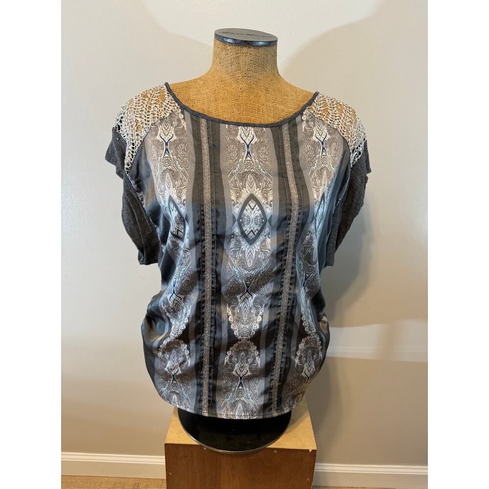 Tiny Dressy Blouse Top Lace Shoulder Design Size M Silver Gray